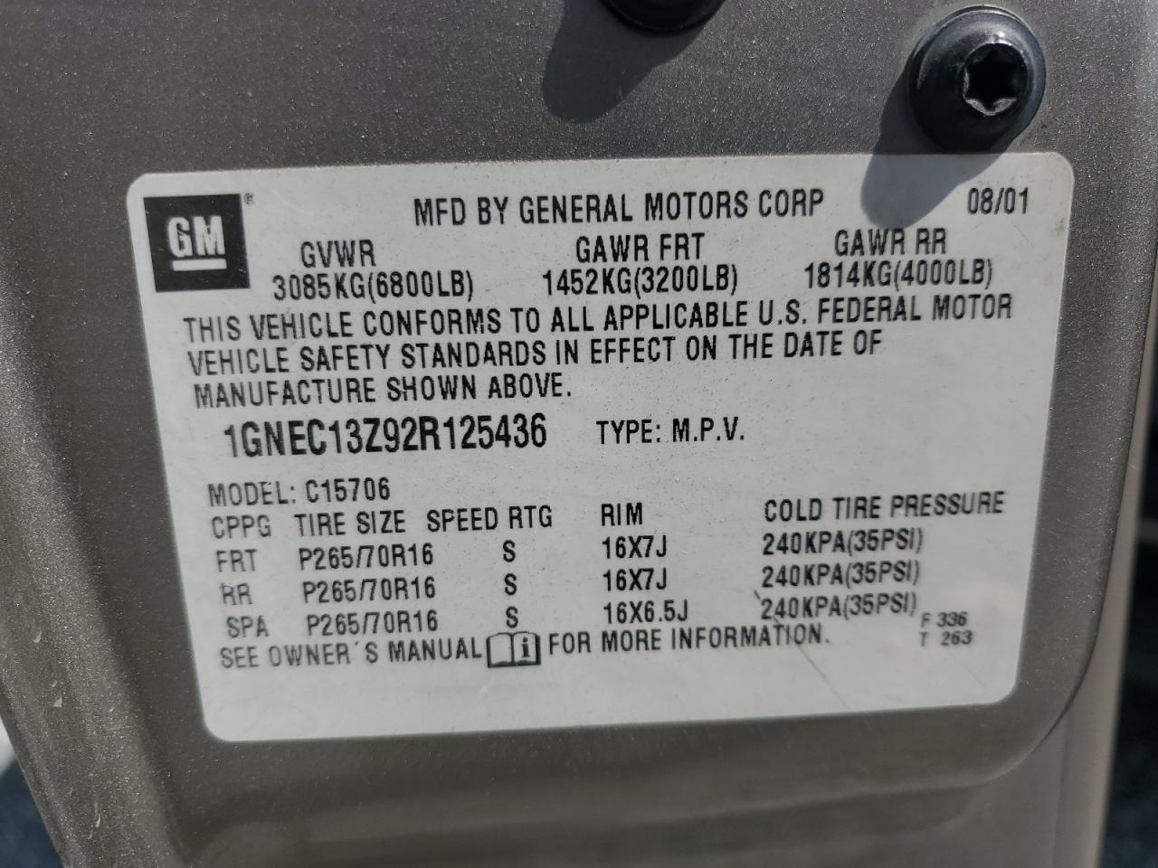 1GNEC13Z92R125436 2002 Chevrolet Tahoe C1500