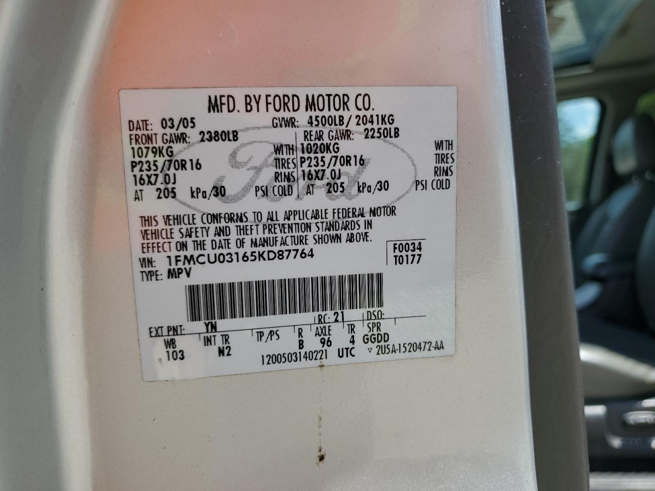 1FMCU03165KD87764 2005 Ford Escape Xlt