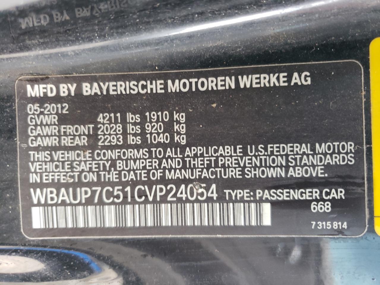 WBAUP7C51CVP24054 2012 BMW 128 I