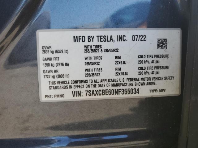 2022 Tesla Model X VIN: 7SAXCBE60NF355034 Lot: 59311164