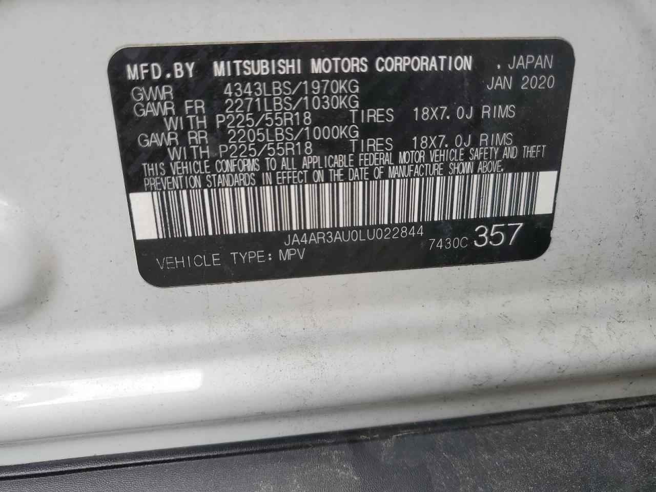 JA4AR3AU0LU022844 2020 Mitsubishi Outlander Sport Es