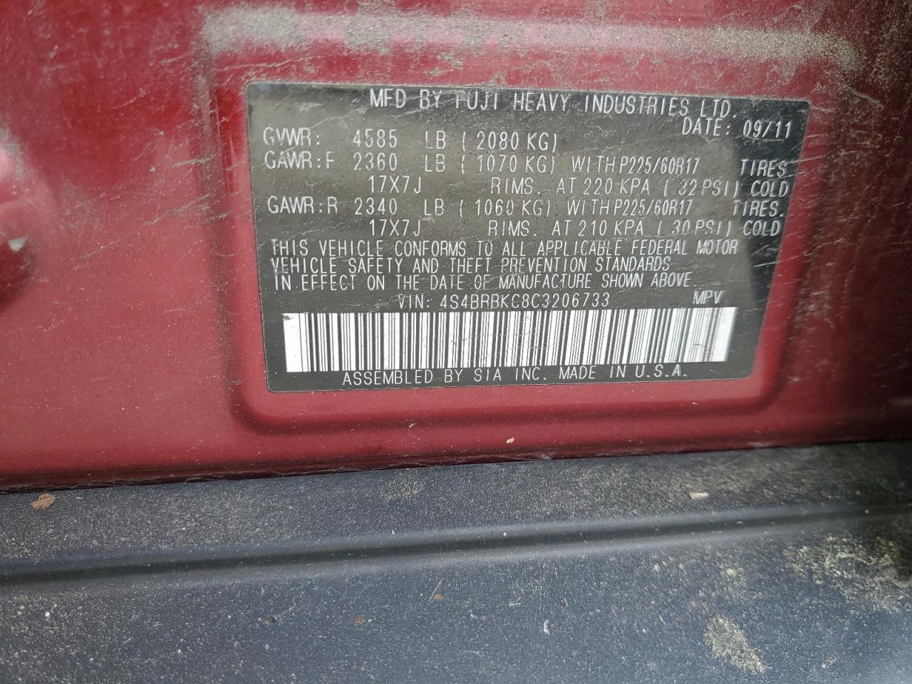 4S4BRBKC8C3206733 2012 Subaru Outback 2.5I Limited