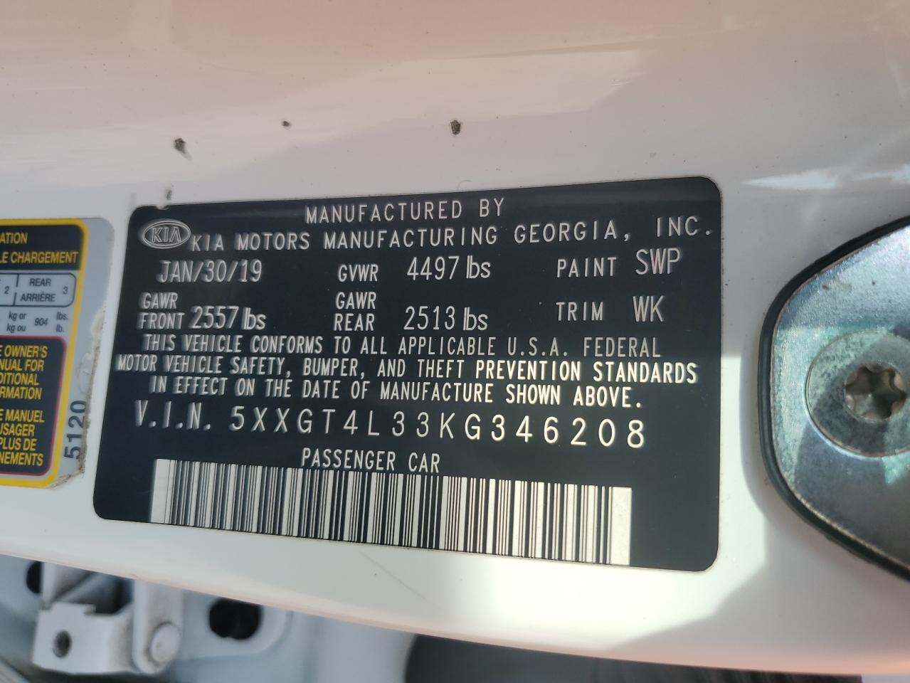 5XXGT4L33KG346208 2019 Kia Optima Lx