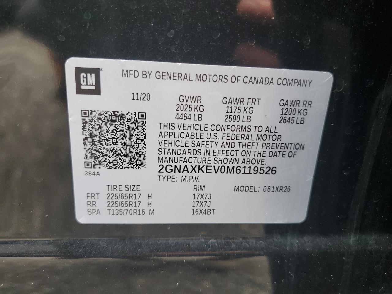 2GNAXKEV0M6119526 2021 Chevrolet Equinox Lt