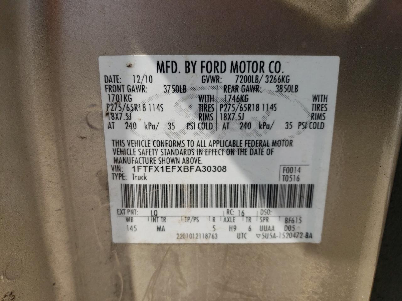 1FTFX1EFXBFA30308 2011 Ford F150 Super Cab