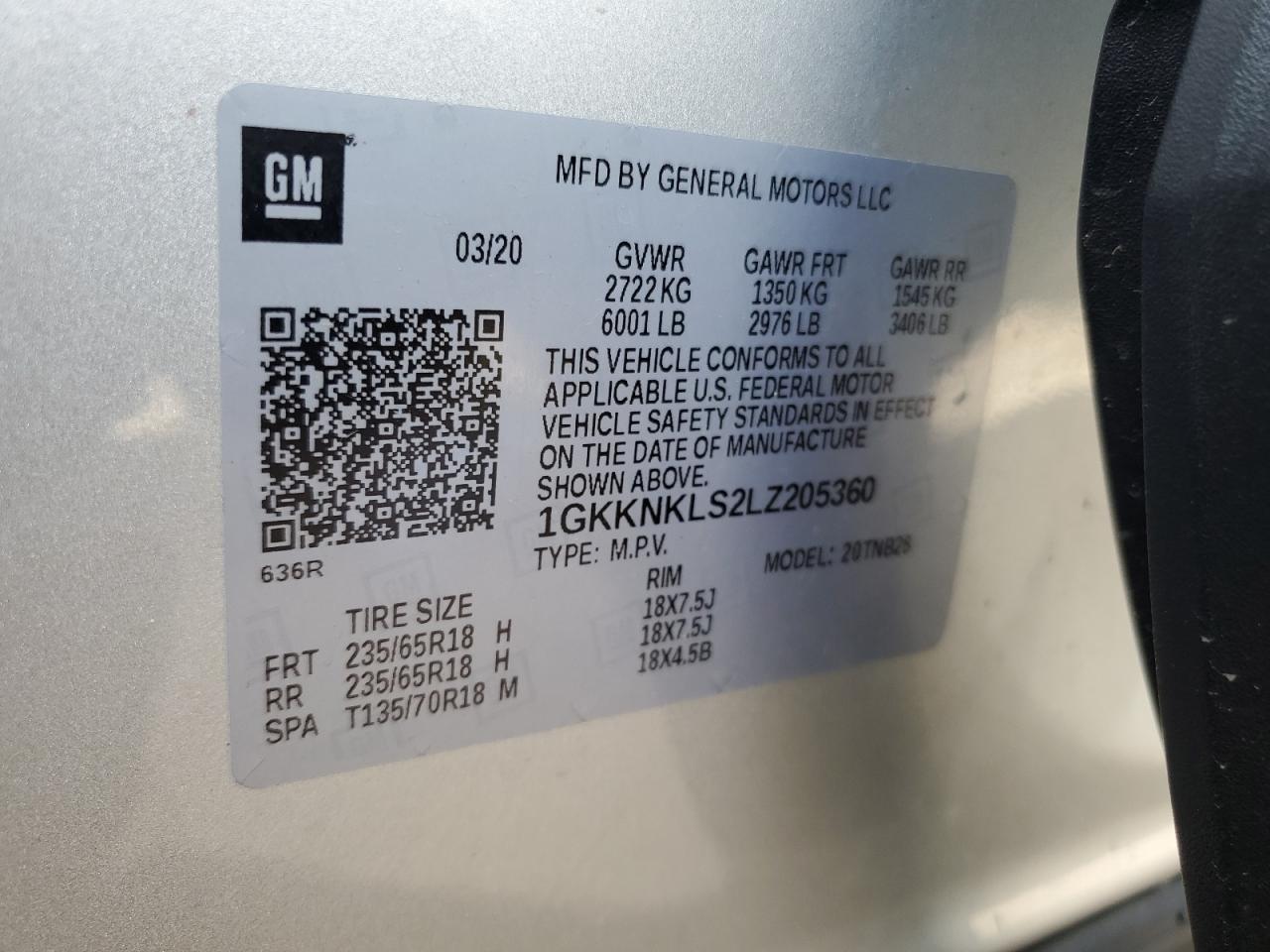 1GKKNKLS2LZ205360 2020 GMC Acadia Sle