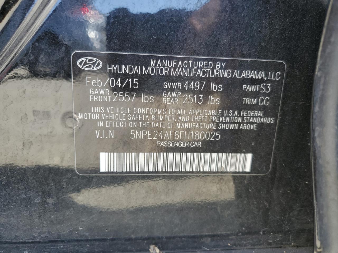 5NPE24AF6FH180025 2015 Hyundai Sonata Se