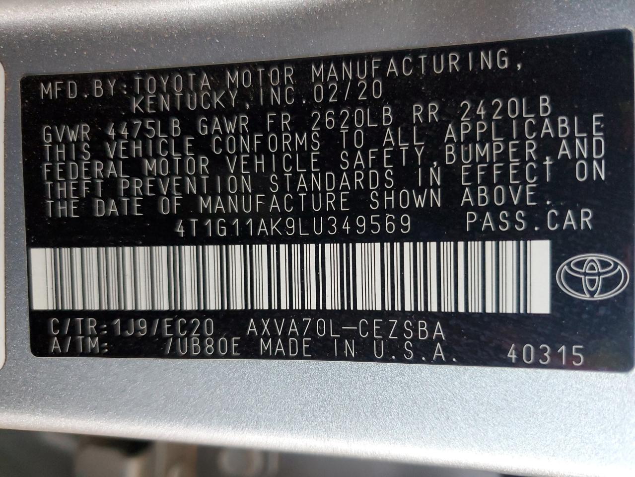 4T1G11AK9LU349569 2020 Toyota Camry Se