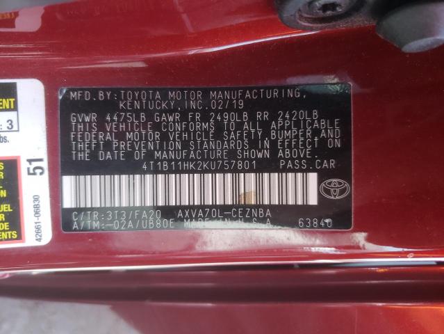 4T1B11HK2KU757801 2019 TOYOTA CAMRY - Image 12