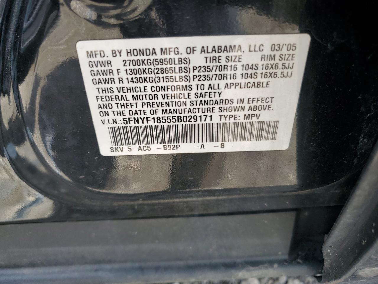 5FNYF18555B029171 2005 Honda Pilot Exl