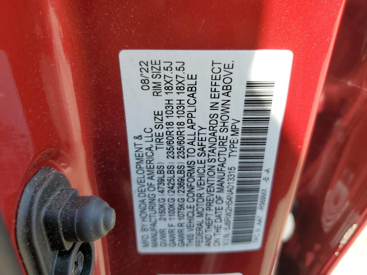 5J6RW2H54NA013315 2022 Honda Cr-V Ex