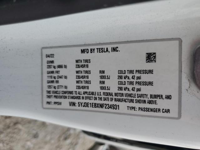 2022 Tesla Model 3 VIN: 5YJ3E1EBXNF234931 Lot: 58399774