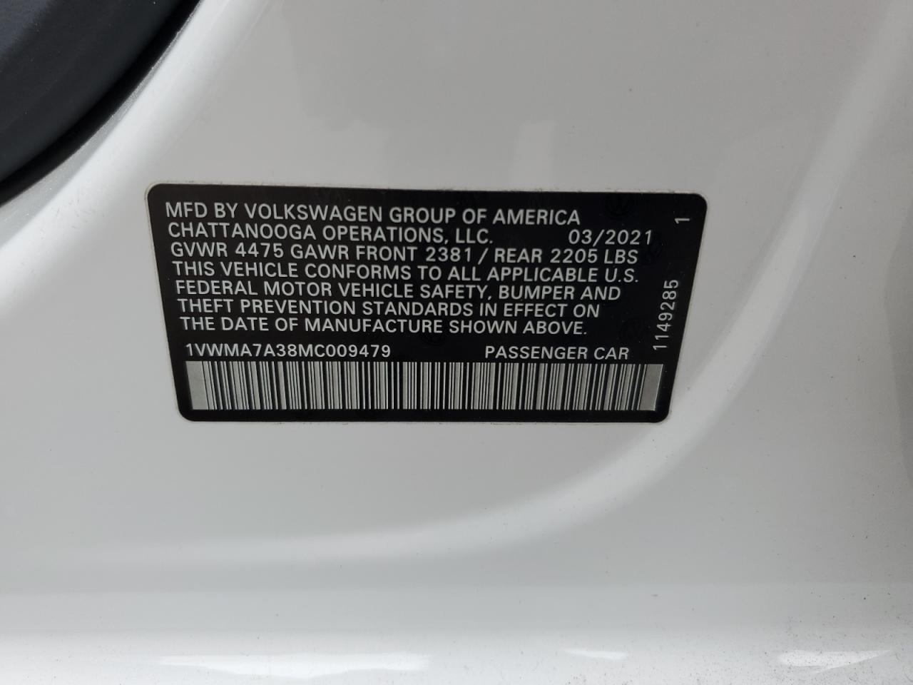 1VWMA7A38MC009479 2021 Volkswagen Passat R-Line