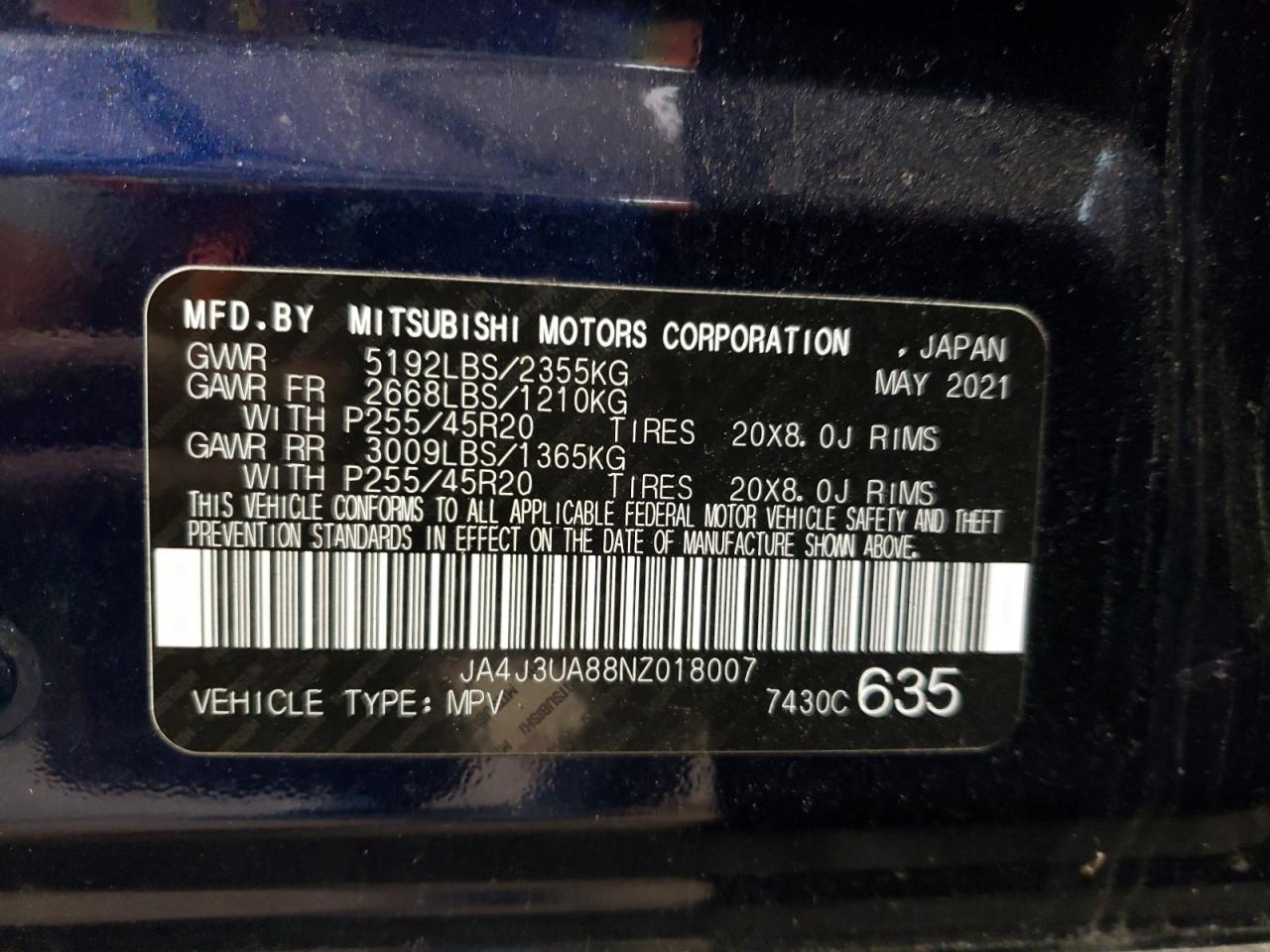 JA4J3UA88NZ018007 2022 Mitsubishi Outlander Se