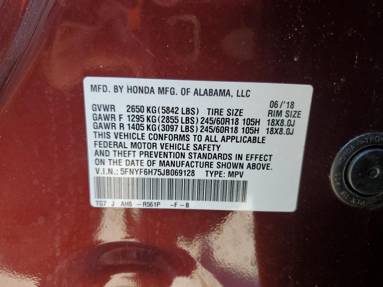 5FNYF6H75JB069128 2018 Honda Pilot Exln