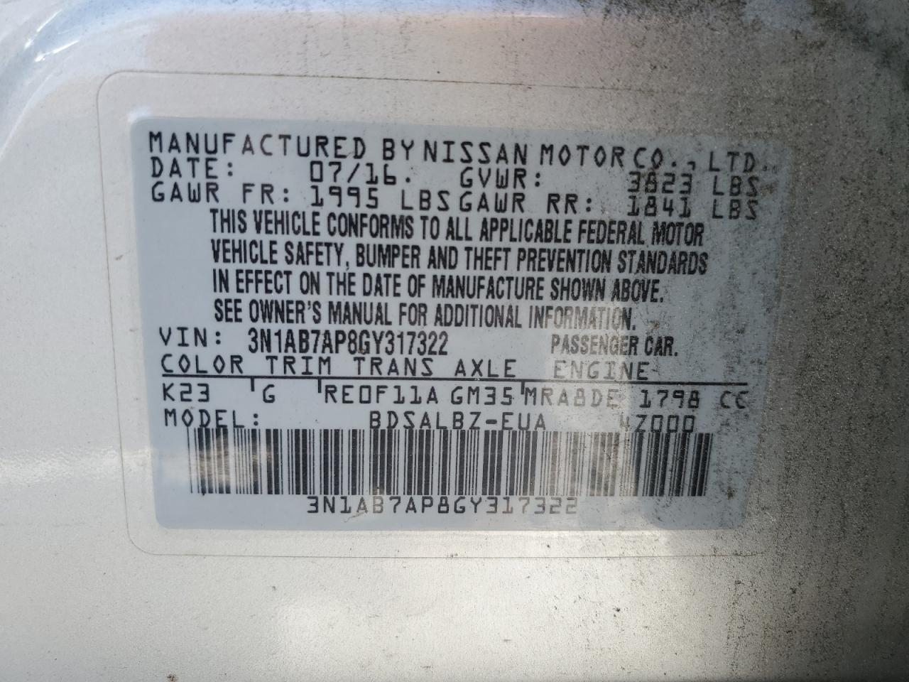 3N1AB7AP8GY317322 2016 Nissan Sentra S