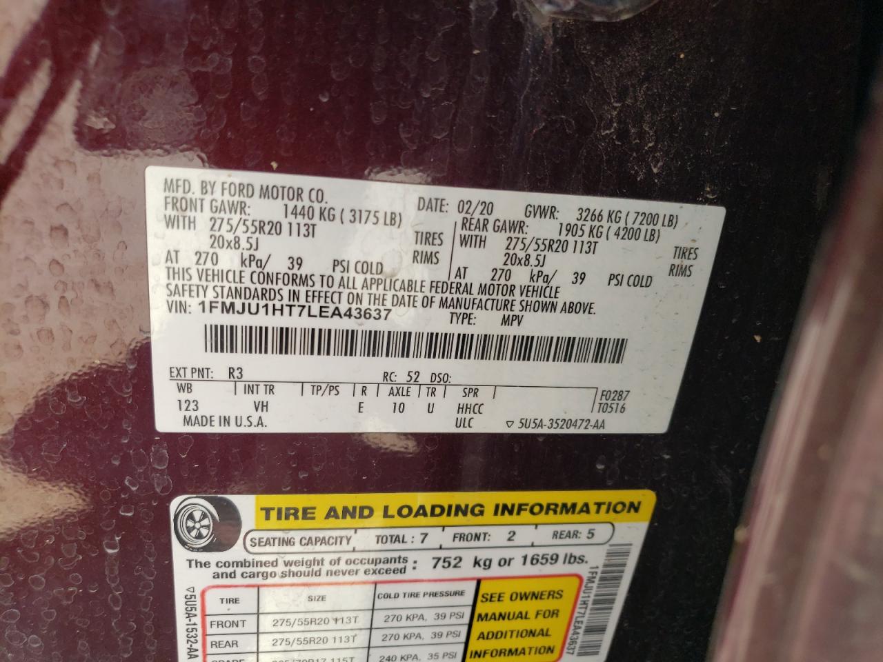 1FMJU1HT7LEA43637 2020 Ford Expedition Xlt