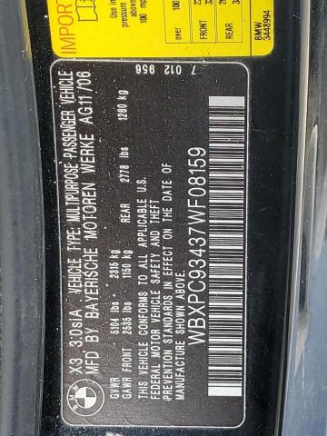 2007 BMW X3 3.0Si VIN: WBXPC93437WF08159 Lot: 60451424