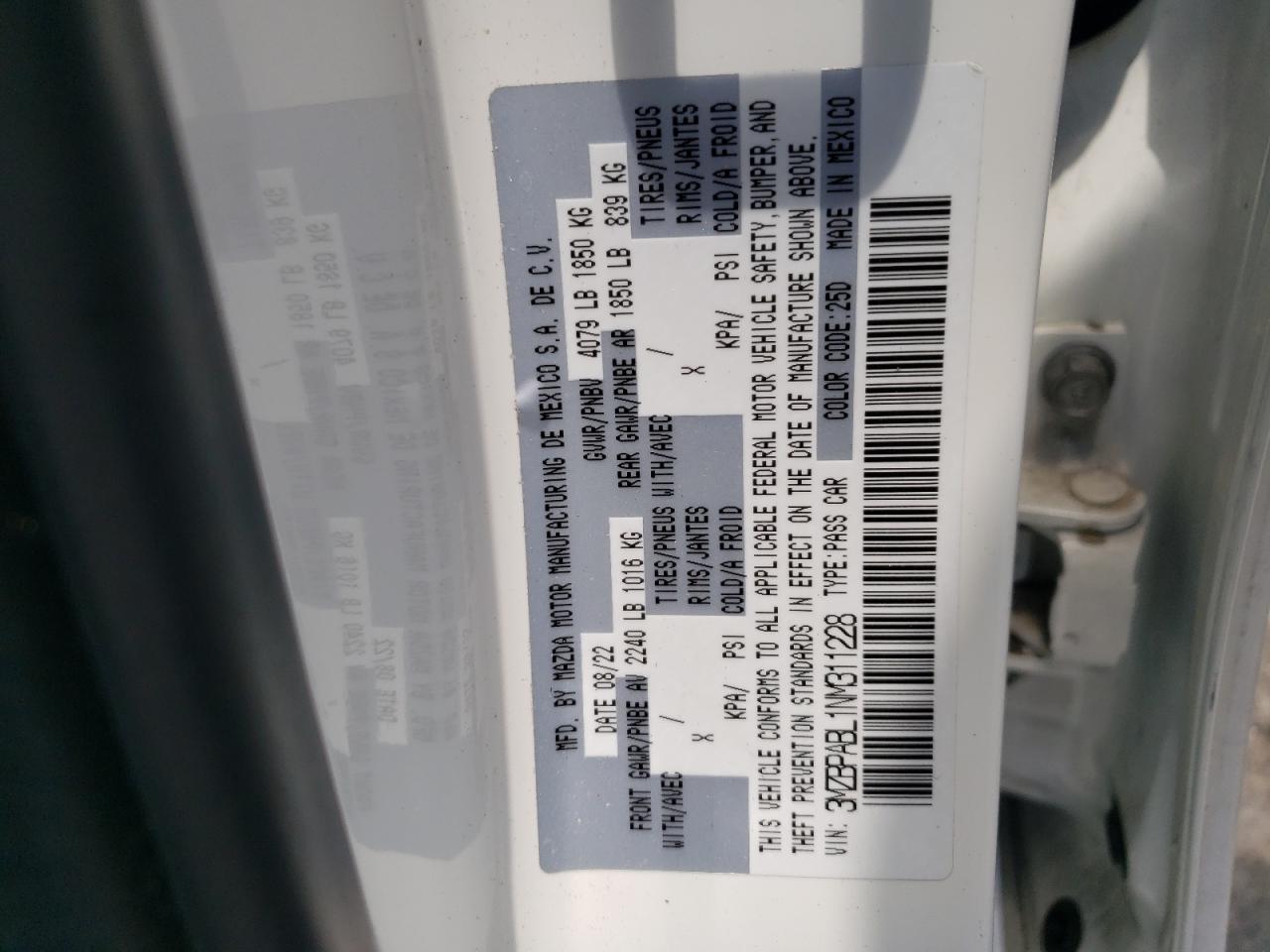 3MZBPABL1NM311228 2022 Mazda 3 Select