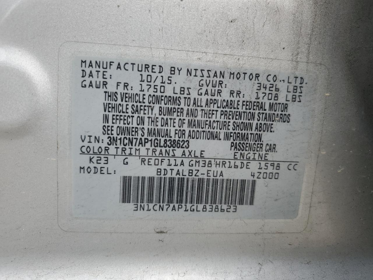 3N1CN7AP1GL838623 2016 Nissan Versa S