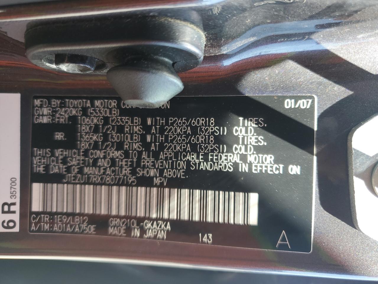 JTEZU17RX78077195 2007 Toyota 4Runner Limited