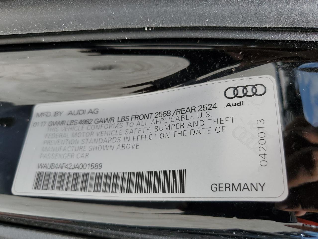 WAUB4AF42JA001589 2018 Audi S4 Premium Plus