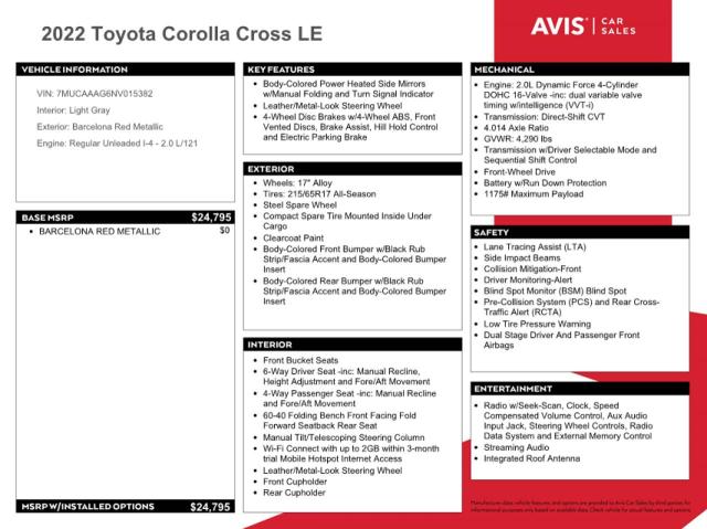 2022 Toyota Corolla Cross Le VIN: 7MUCAAAG6NV015382 Lot: 58931894