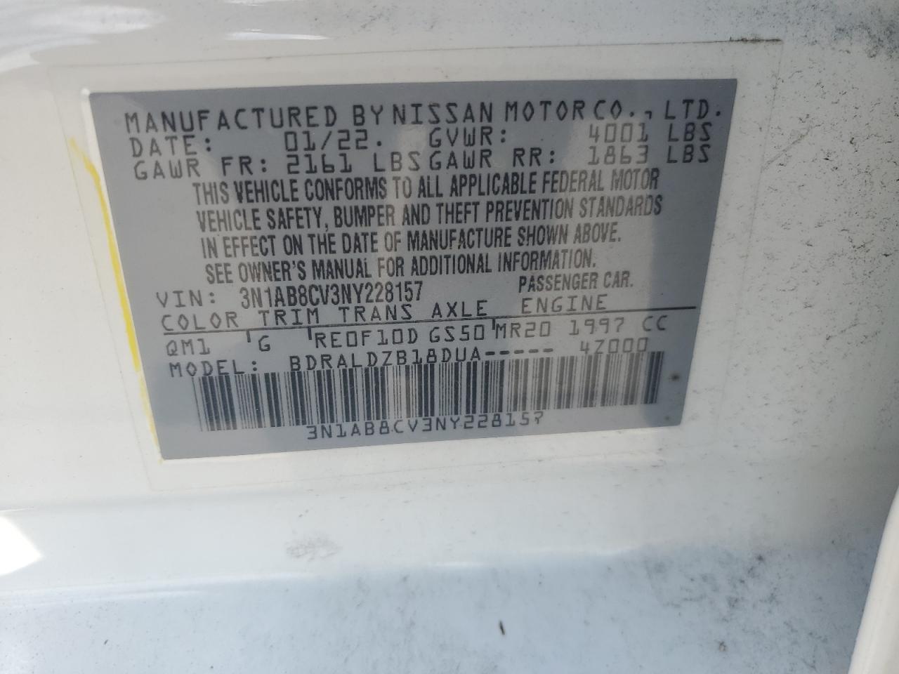 3N1AB8CV3NY228157 2022 Nissan Sentra Sv