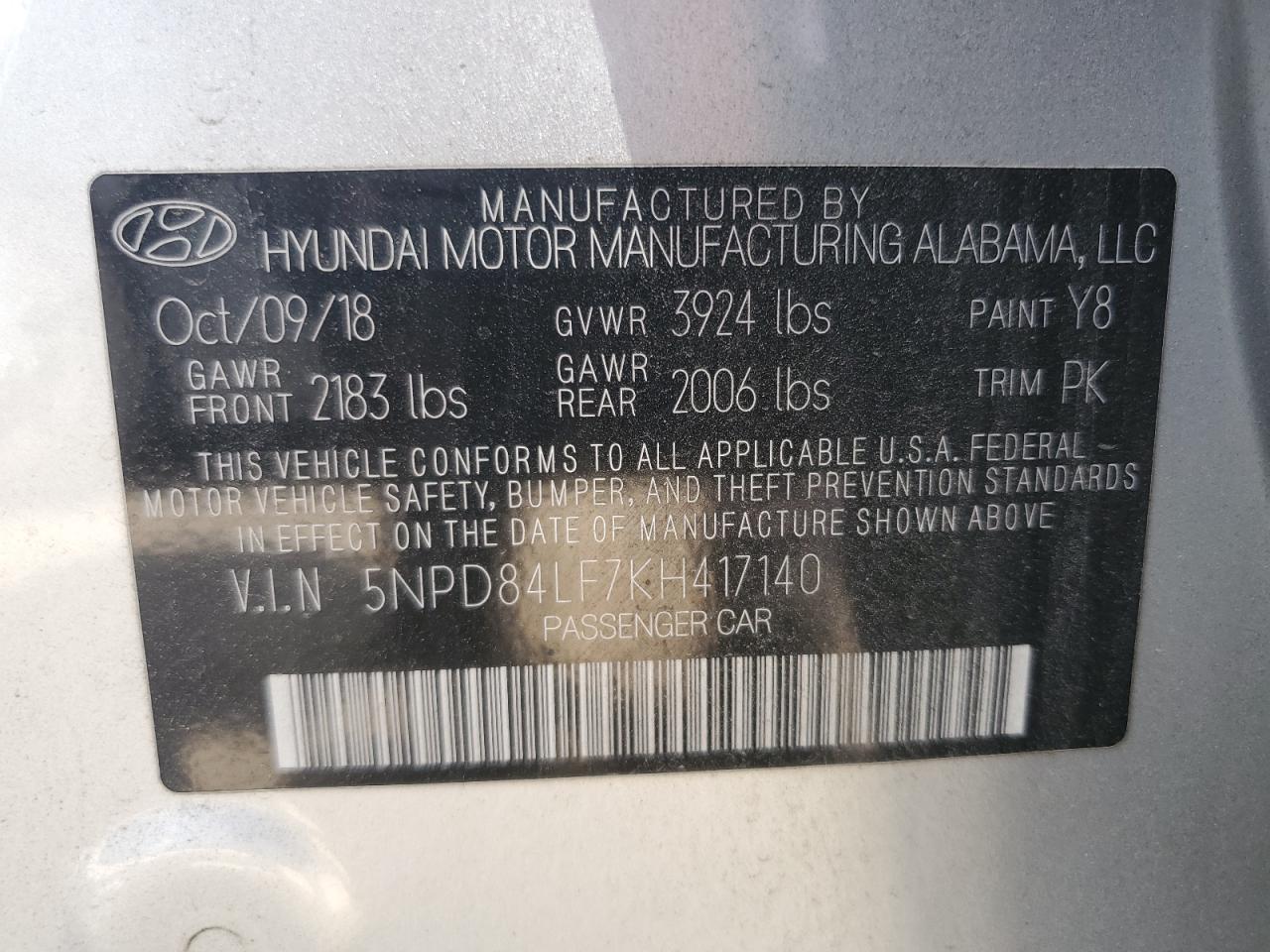 5NPD84LF7KH417140 2019 Hyundai Elantra Sel