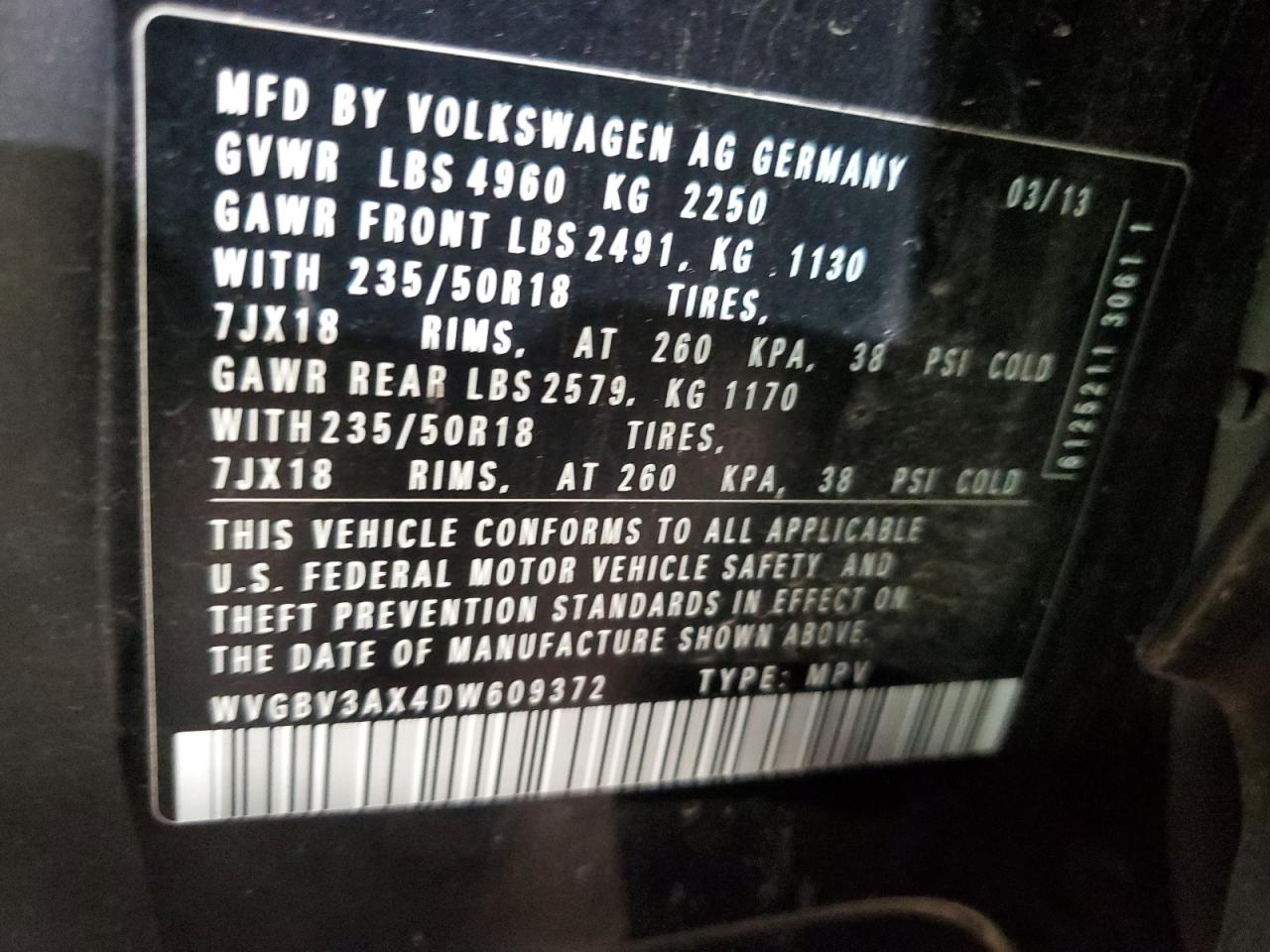 WVGBV3AX4DW609372 2013 Volkswagen Tiguan S