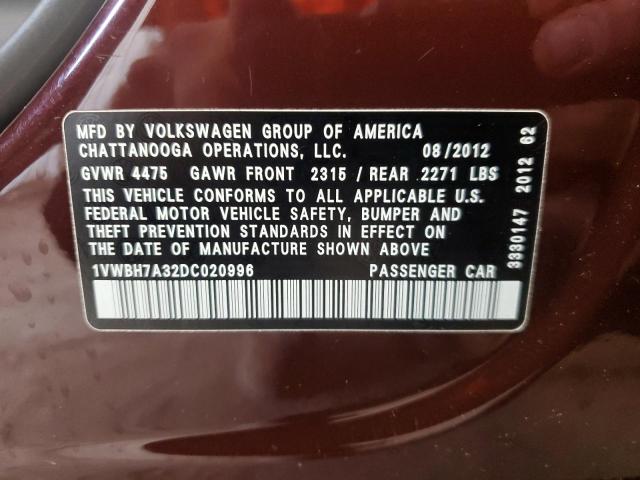 2013 Volkswagen Passat Se VIN: 1VWBH7A32DC020996 Lot: 60297364