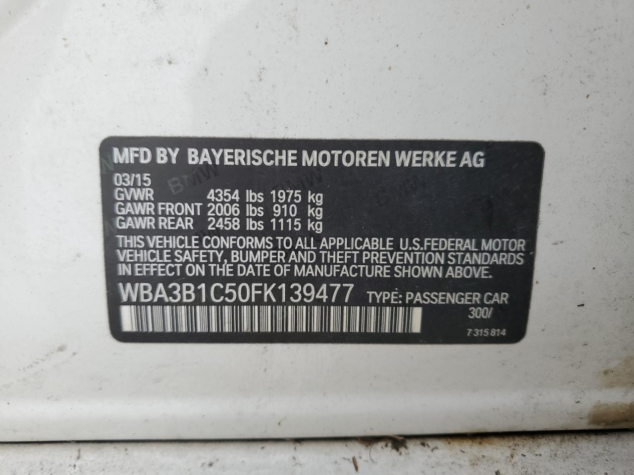 WBA3B1C50FK139477 2015 BMW 320 I