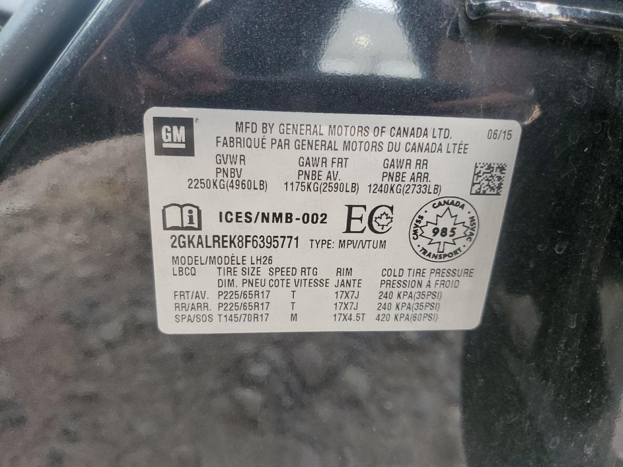 2GKALREK8F6395771 2015 GMC Terrain Sle