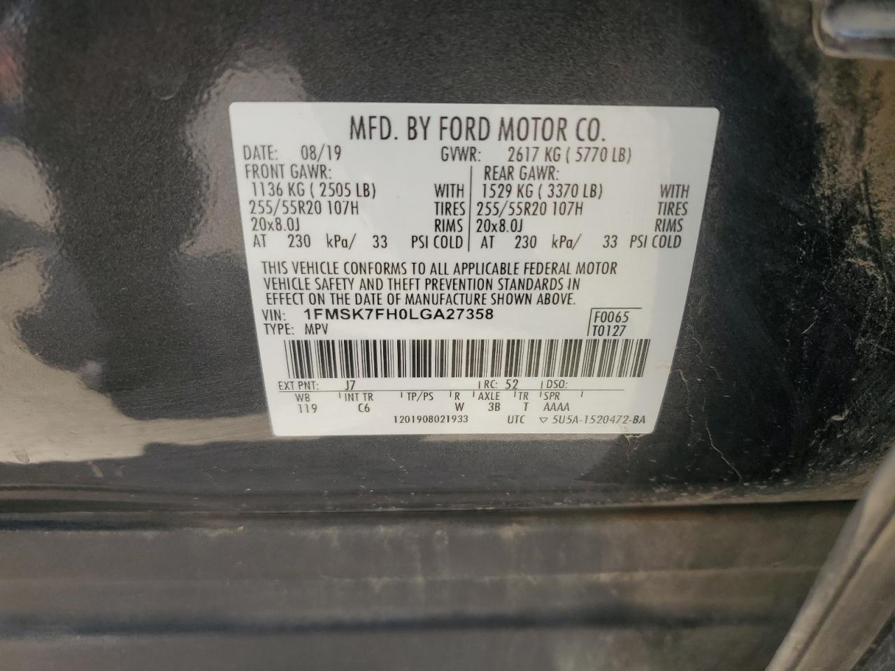 2020 Ford Explorer Limited vin: 1FMSK7FH0LGA27358