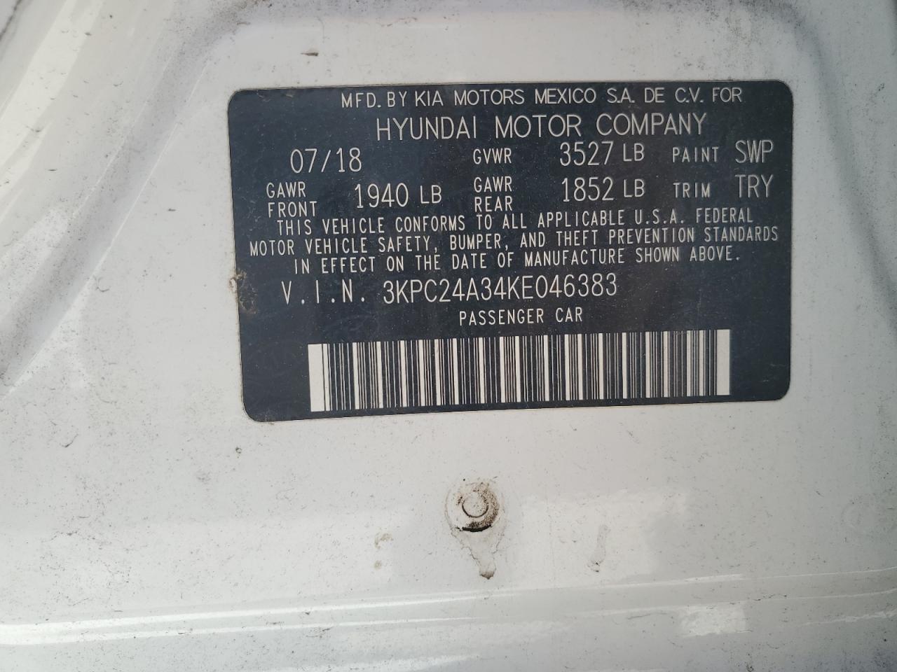 3KPC24A34KE046383 2019 Hyundai Accent Se