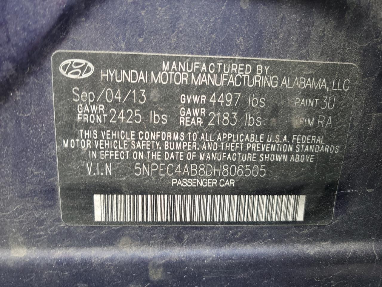 5NPEC4AB8DH806505 2013 Hyundai Sonata Se