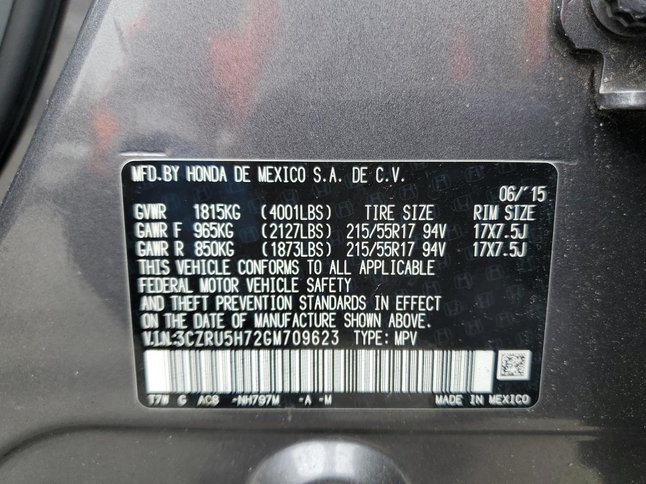 3CZRU5H72GM709623 2016 Honda Hr-V Exl