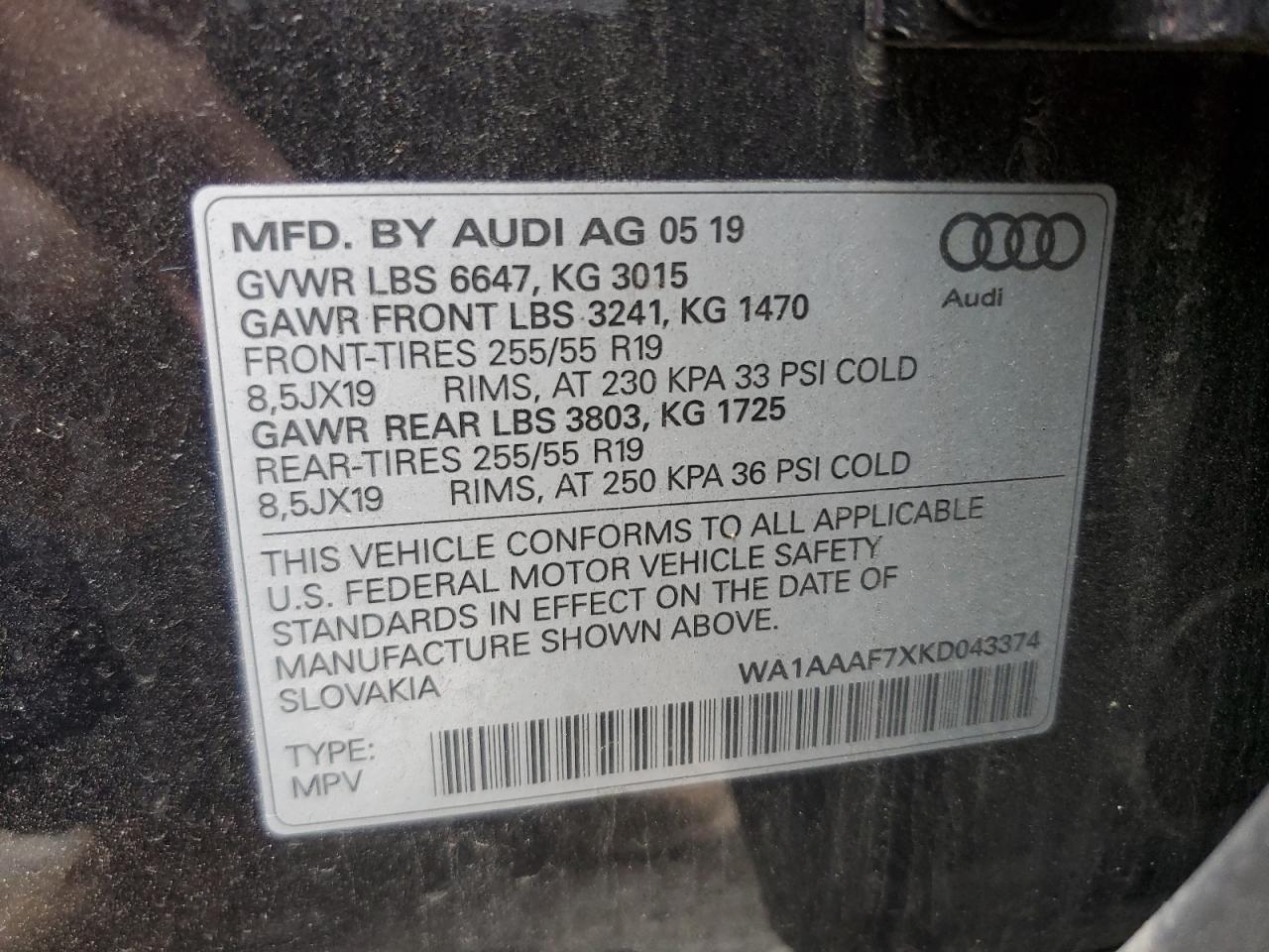 WA1AAAF7XKD043374 2019 Audi Q7 Premium