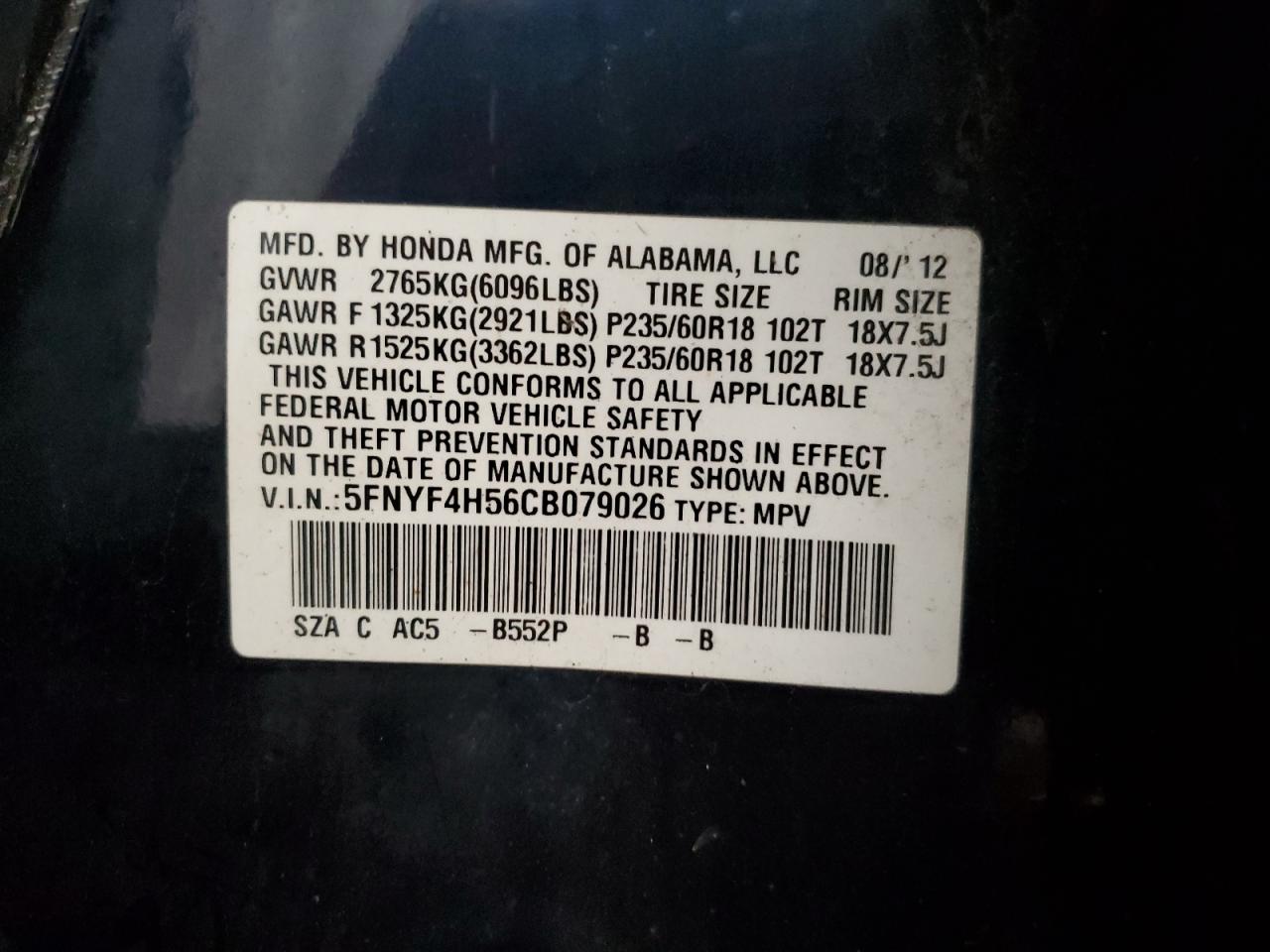 5FNYF4H56CB079026 2012 Honda Pilot Exl