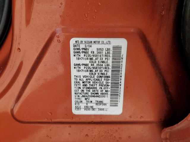 2004 Nissan Murano Sl VIN: JN8AZ08W94W320511 Lot: 58782804