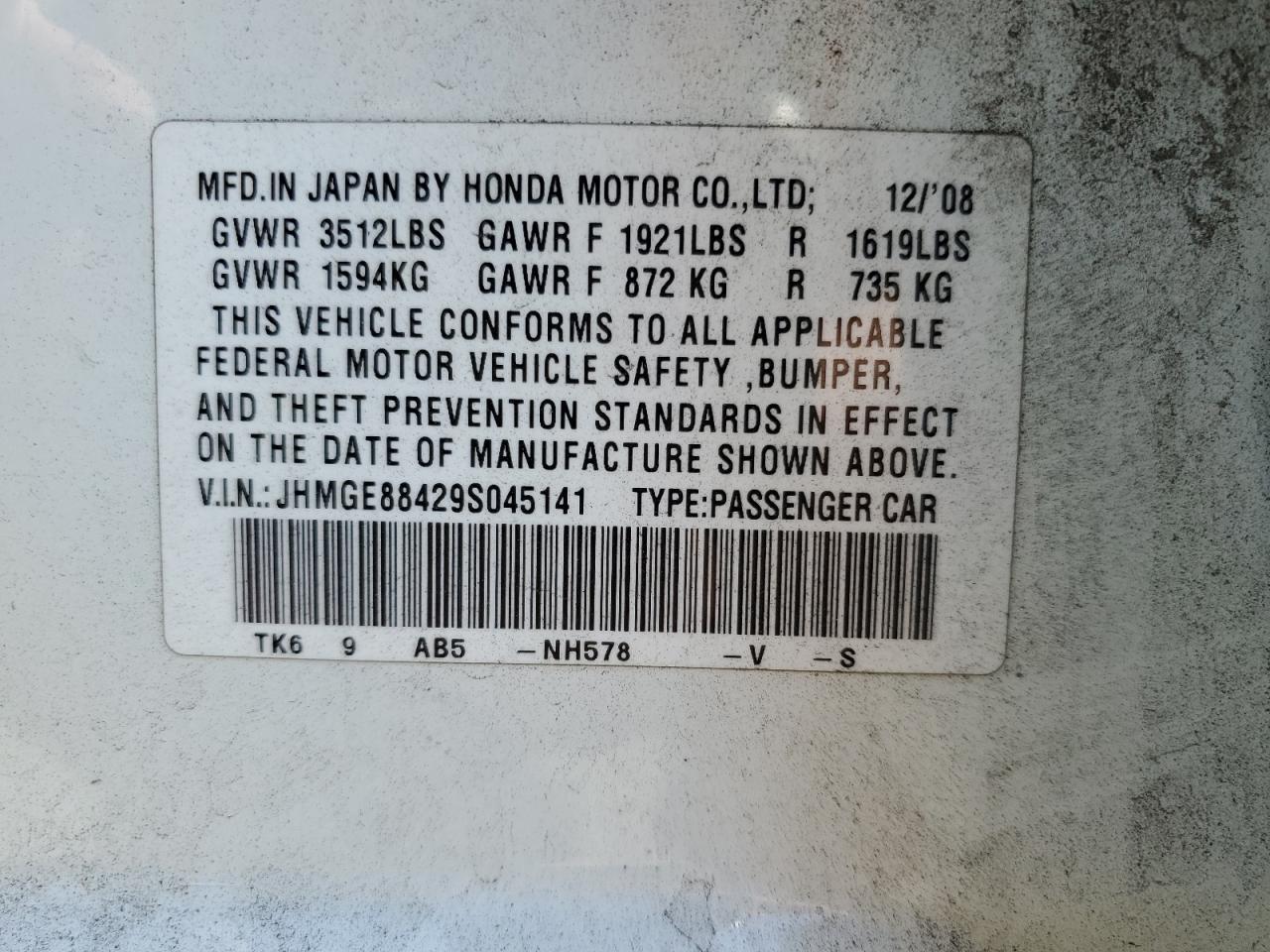 JHMGE88429S045141 2009 Honda Fit Sport