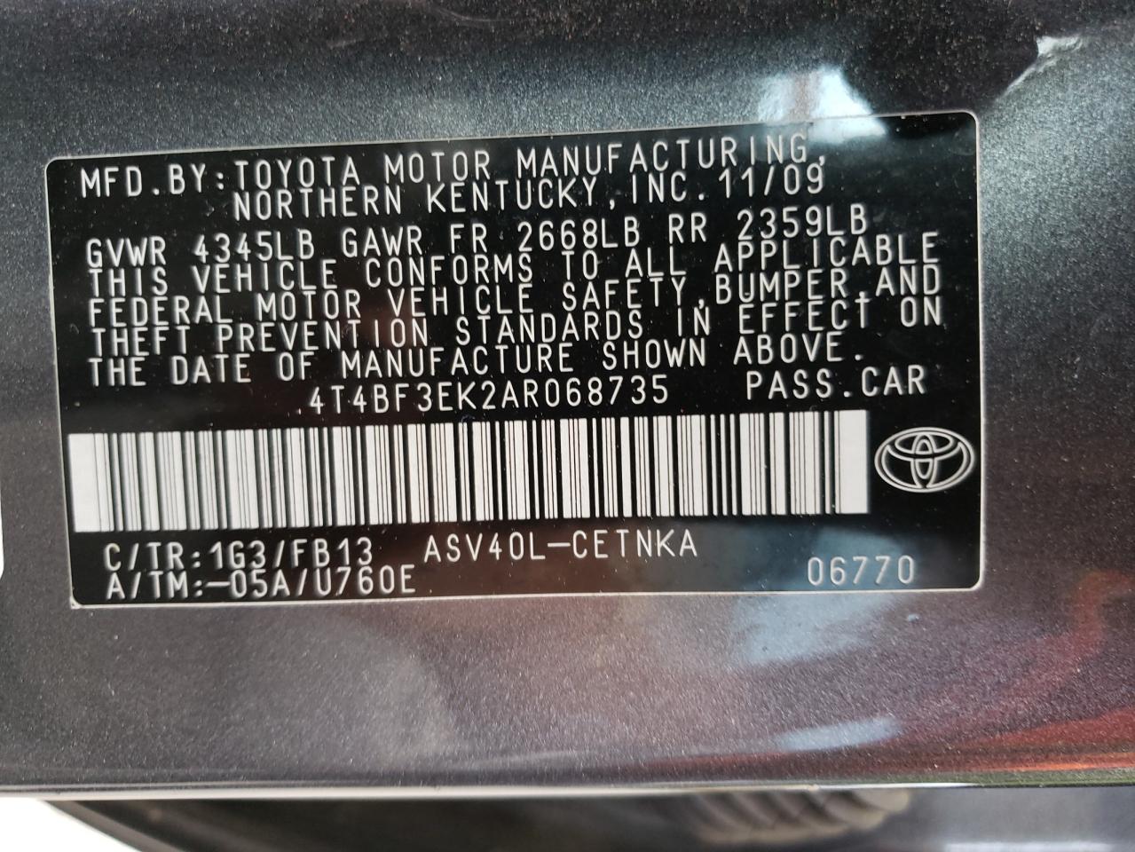 4T4BF3EK2AR068735 2010 Toyota Camry Base