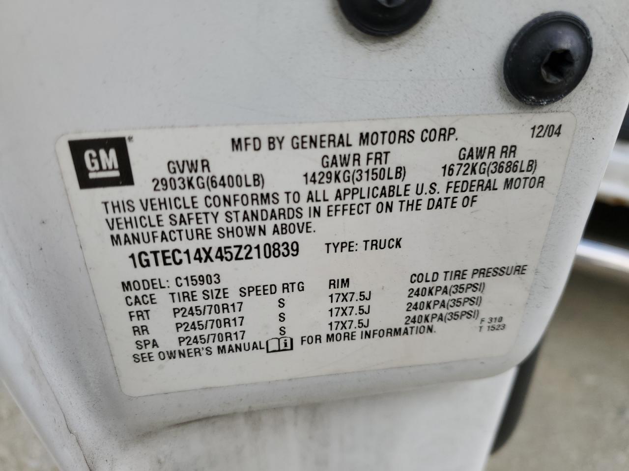 1GTEC14X45Z210839 2005 GMC New Sierra C1500