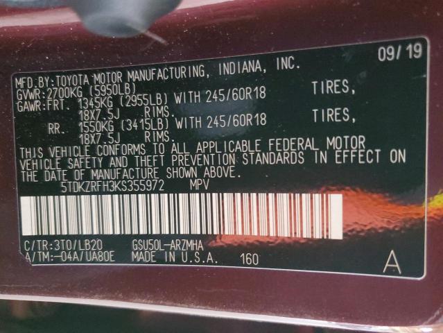 2019 Toyota Highlander Se VIN: 5TDKZRFH3KS355972 Lot: 58317814