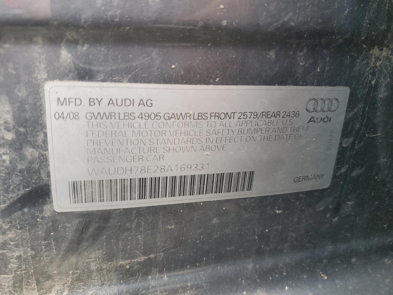 WAUDH78E28A169331 2008 Audi A4 3.2 Quattro