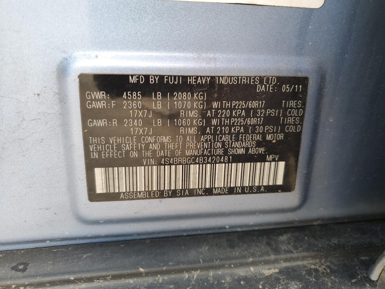 4S4BRBGC4B3420481 2011 Subaru Outback 2.5I Premium