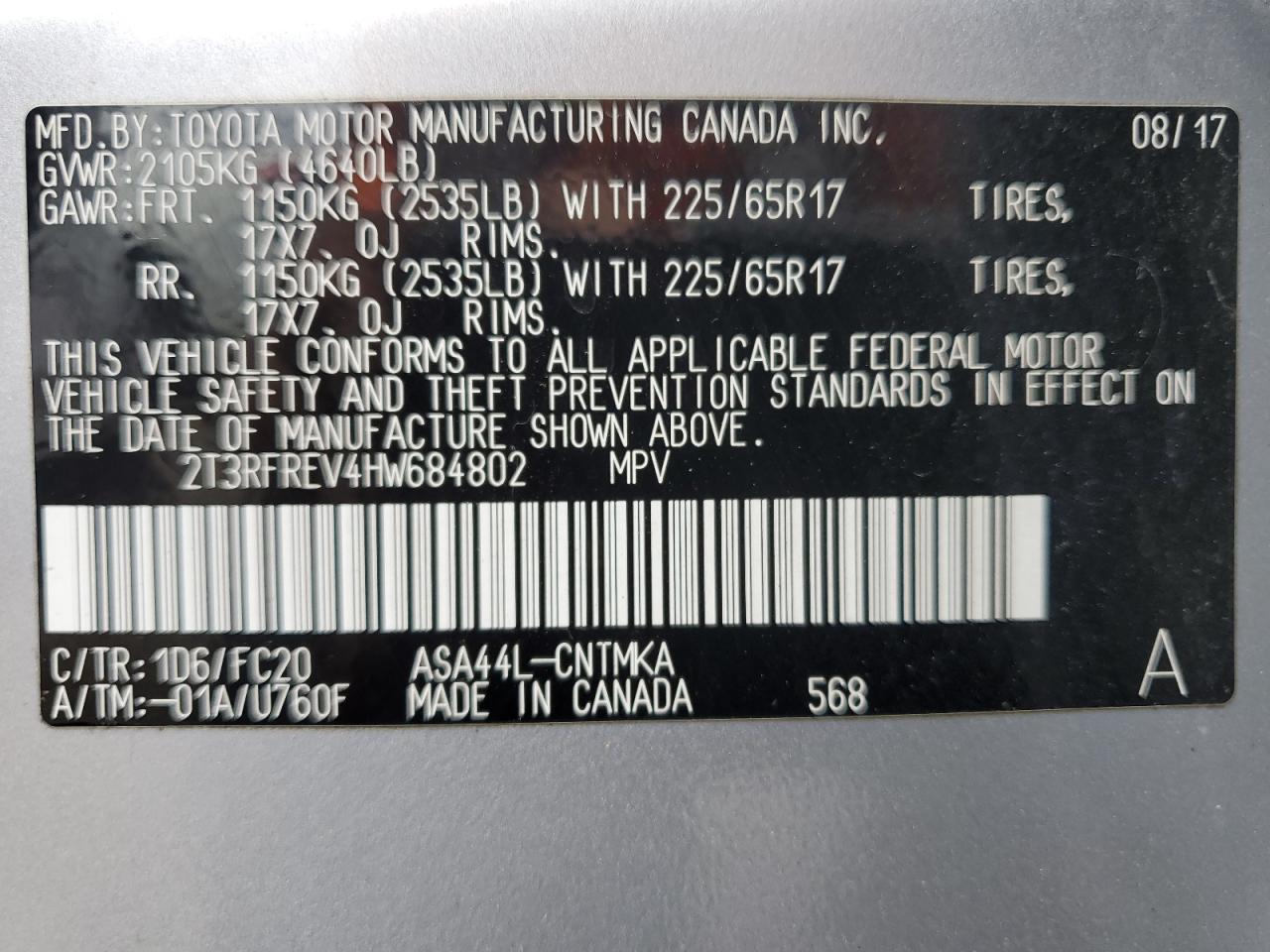 2T3RFREV4HW684802 2017 Toyota Rav4 Xle