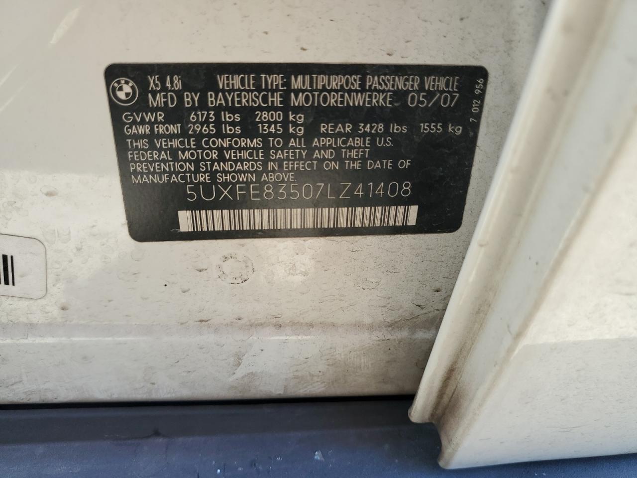 5UXFE83507LZ41408 2007 BMW X5 4.8I
