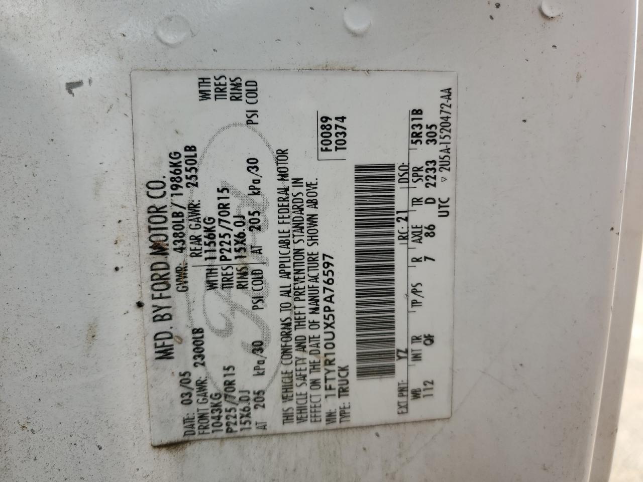 1FTYR10UX5PA76597 2005 Ford Ranger