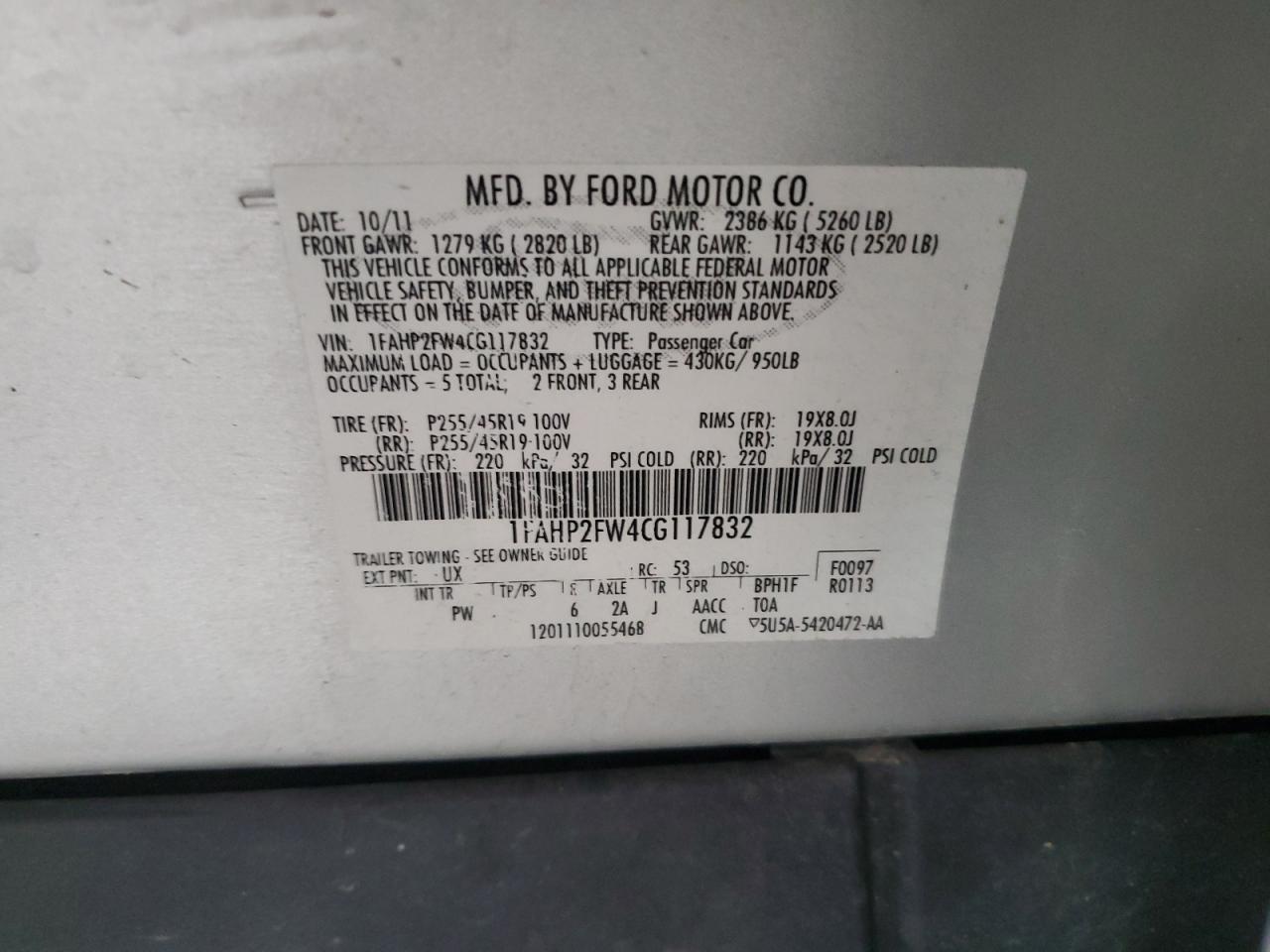 1FAHP2FW4CG117832 2012 Ford Taurus Limited